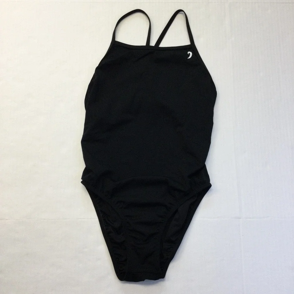 Illusions Activewear Women's Thin Strap 1 Piece‎ Swimsuit Solid Black Size 13/14